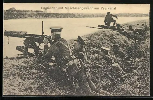 AK britischer Soldat mit Maschinengewehr am Yserkanal
