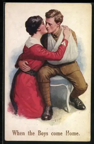 AK Verwundeter britischer Soldat küsst Frau