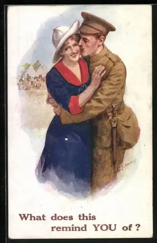 AK Britischer Soldat küsst Frau im Kleid