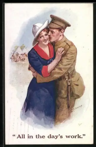 AK Britischer Soldat küsst Frau im Kleid