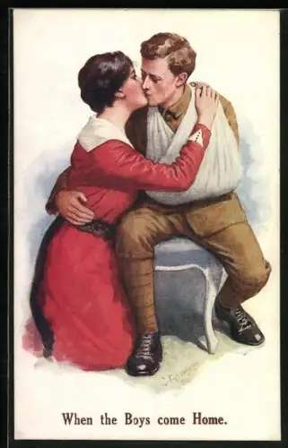 AK Verwundeter britischer Soldat küsst Frau