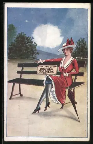 AK Britin mit Schirm auf einer Parkbank