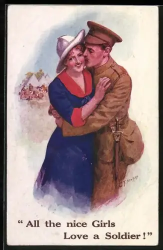 AK Britischer Soldat küsst Frau im Kleid