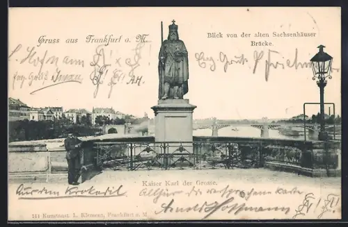 AK Frankfurt-Sachsenhausen, Blick von der alten Sachsenhäuser Brücke, Kaiser Karl der Grosse