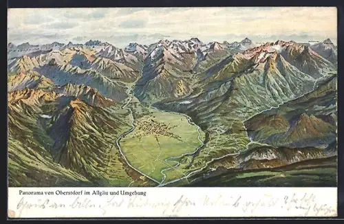Künstler-AK Oberstdorf im Allgäu, Panorama mit Bergen