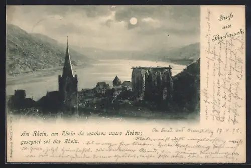 AK Bacharach, Kirche mit See im Vollmondlicht