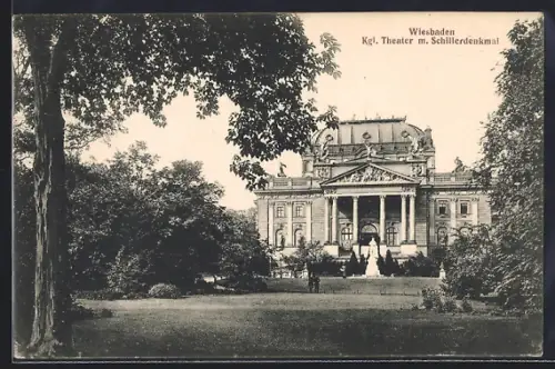 AK Wiesbaden, Königliches Theater mit Schillerdenkmal