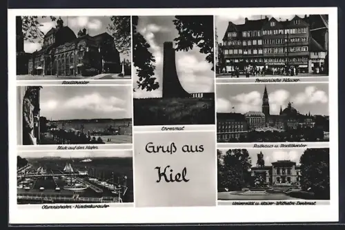 AK Kiel, Persianische Häuser mit Geschäften, Stadttheater, Ehrenmal