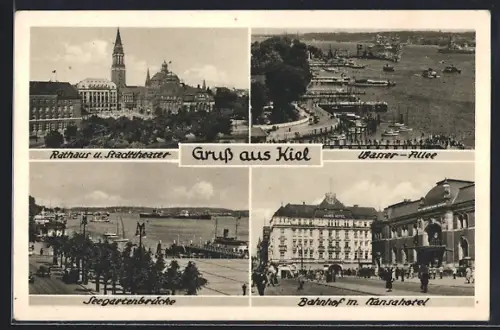 AK Kiel, Rathaus, Stadttheater, Bahnhof mit Hansahotel