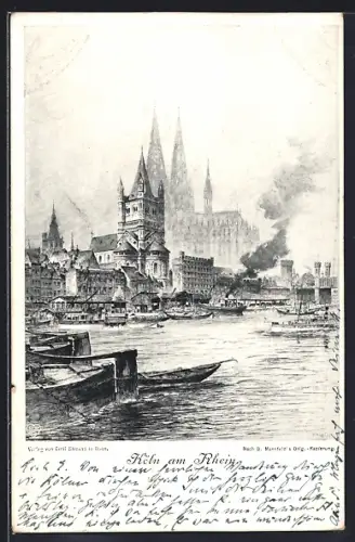 Künstler-AK Köln a. Rh., Ortsansicht vom Hafen aus