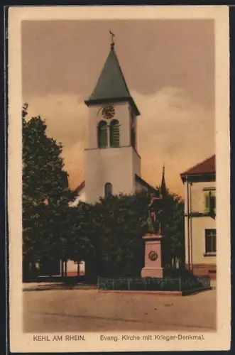AK Kehl am Rhein, Evang. Kirche mit Krieger-Denkmal
