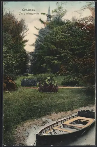 AK Cuxhaven, Im Schlossgarten, mit Kirchturm