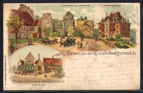Lithographie Externsteine, Landseite, Pensionshaus, Hotel & Pension Externstein von C. Ulrich