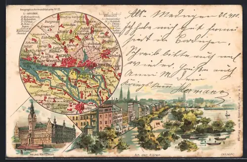 Lithographie Hamburg, Neues Rathaus, An der Alster, Umgebungskarte