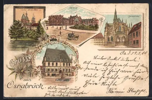 Lithographie Osnabrück, Rathaus, Bahnhof, Marienkirche