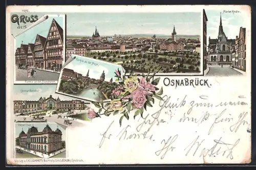 Lithographie Osnabrück, Marienkirche, Centralbahnhof, Rathaus, Blick an der Hase