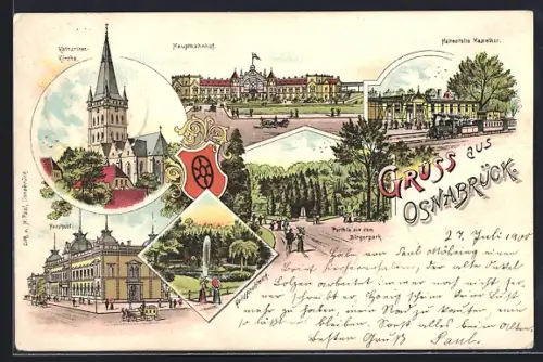 Lithographie Osnabrück, Hauptbahnhof, Katharinen-Kirche, Hauptpost, Park am Bürgerpark