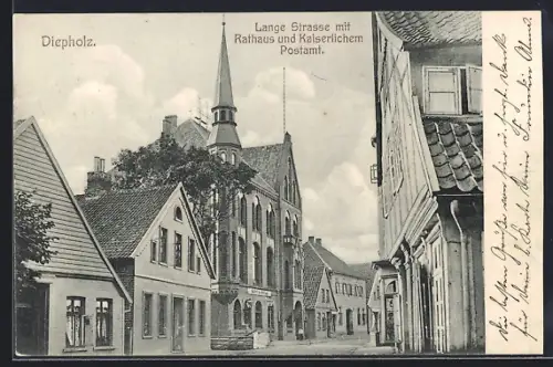 AK Diepholz, Lange Strasse mit Rathaus und Kaiserlichem Postamt