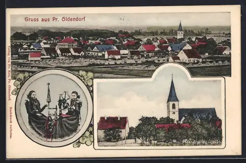 AK Pr. Oldendorf, Ortsansicht, Kirche, Spinnstube