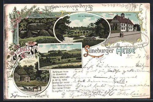 Lithographie Soltau /Lüneburger Heide, Rathaus, Oberhaverbeck bei Wilsede, Bauernhof bei Heber