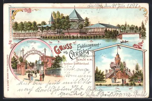 Lithographie Berlin-Charlottenburg, Gasthaus Carlshof, Spandauer Schiffahrtskanal, Eingang, Pavillon
