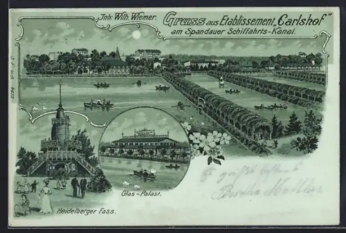 Mondschein-Lithographie Berlin-Charlottenburg, Gasthaus Carlshof, Inh. Wilh. Wiemer, Glas-Palast, Heidelberger Fass