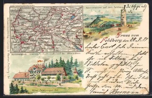 Lithographie Feldberg / Schwarzwald, Aussichtsturm, Hotel Feldberger Hof, Umgebungskarte