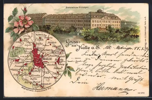 Lithographie Halle a. S., Franckesche Stiftungen, Umgebungskarte