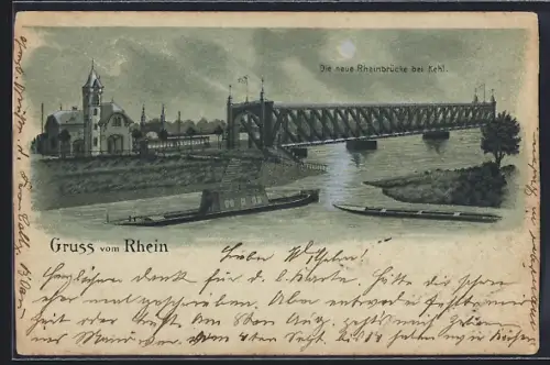 Lithographie Kehl, Neue Rheinbrücke, Kirche, Schiffe auf dem Rhein