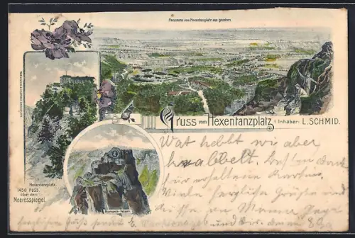 Lithographie Hexentanzplatz, Gasthaus von L. Schmid, Bismarck-Felsen