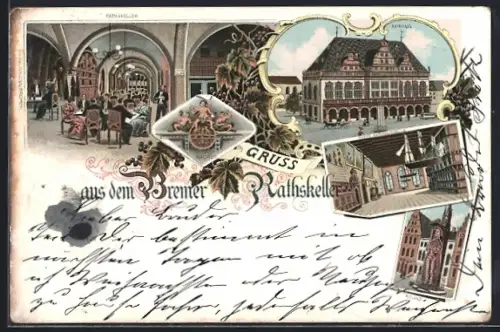 Lithographie Bremen, Restaurant Ratskeller, Rathaus, Innenansicht