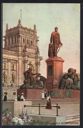 Künstler-AK Berlin, Bismarckdenkmal, Reichstagsgebäude
