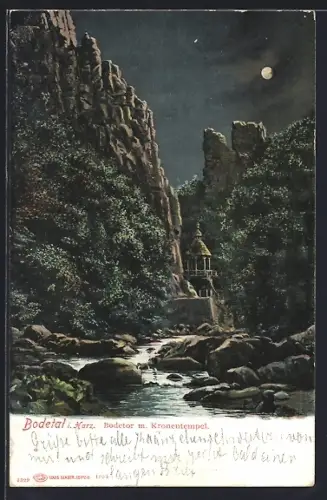 AK Bodetal i. Harz, Bodetor mit Kronentempel bei Mondschein