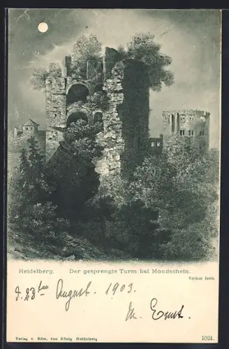 AK Heidelberg, Gesprengter Turm bei Mondschein