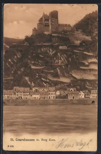 AK St. Goarshausen, Burg Katz, Rheinansicht