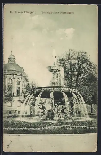 AK Stuttgart, Schlossplatz mit Olgabrunnen