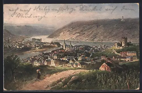 Künstler-AK Bingen / Rhein, Ortsansicht mit Kirche
