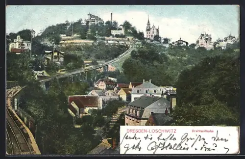 AK Dresden-Loschwitz, Teilansicht mit Gasthaus Luisenhof und Drahtseilbahn