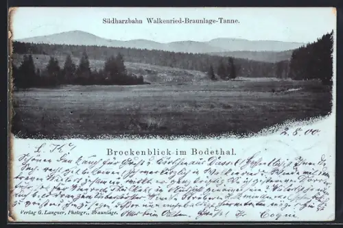 AK Bodethal, Brockenblick im Bodethal, Südharzbahn Walkenried-Braunlage-Tanne