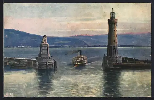 Künstler-AK Lindau i. B., Hafeneinfahrt mit Leuchtturm