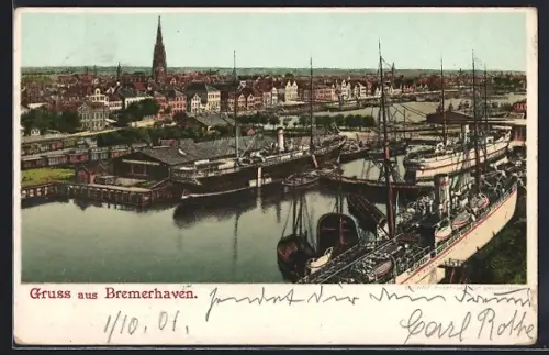 AK Bremerhaven, Hafen und Stadt aus der Vogelschau