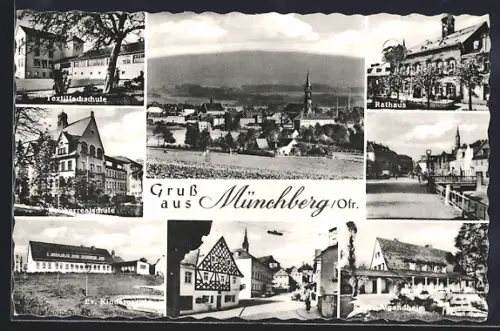 AK Münchberg /Ofr., Ev. Kindergarten, Textilfachschule, Ortsansicht