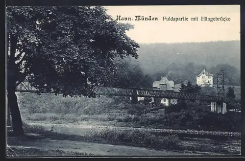 AK Hann. Münden, Fuldapartie mit Hängebrücke