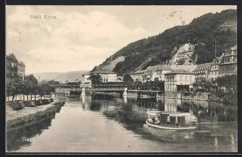 AK Bad Ems, Flusspartie mit Brücke u. Barkasse