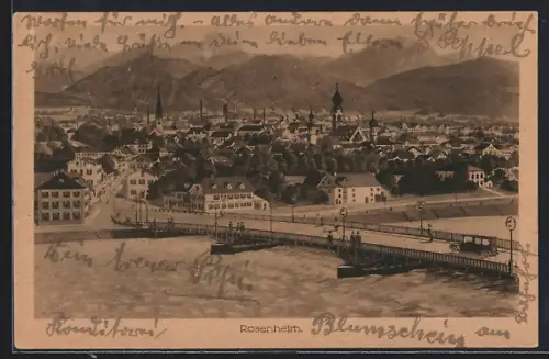 Künstler-AK Rosenheim / Bayern, Gesamtansicht mit Brücke aus der Vogelschau