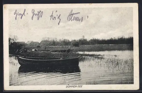 AK Hüde /Lemförde, Dümmer-See, Gasthaus zum Dümmer-See, Inh. Georg Winter, Boot am Ufer