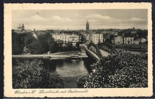 AK Minden i. W., Weserbrücke mit Stadtansicht