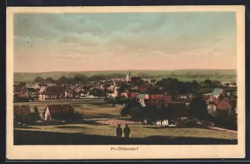 AK Pr.-Oldendorf, Ortsansicht mit Kirche und Wohnhäusern