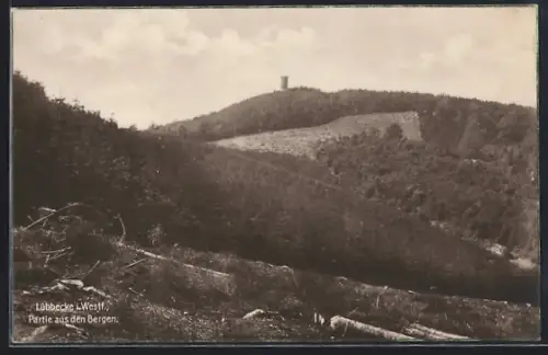 AK Lübbecke i. Westf., Partie aus den Bergen, mit Turm