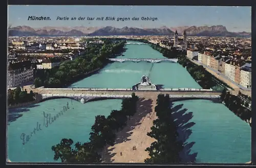 AK München, Partie an der Isar mit Blick gegen das Gebirge